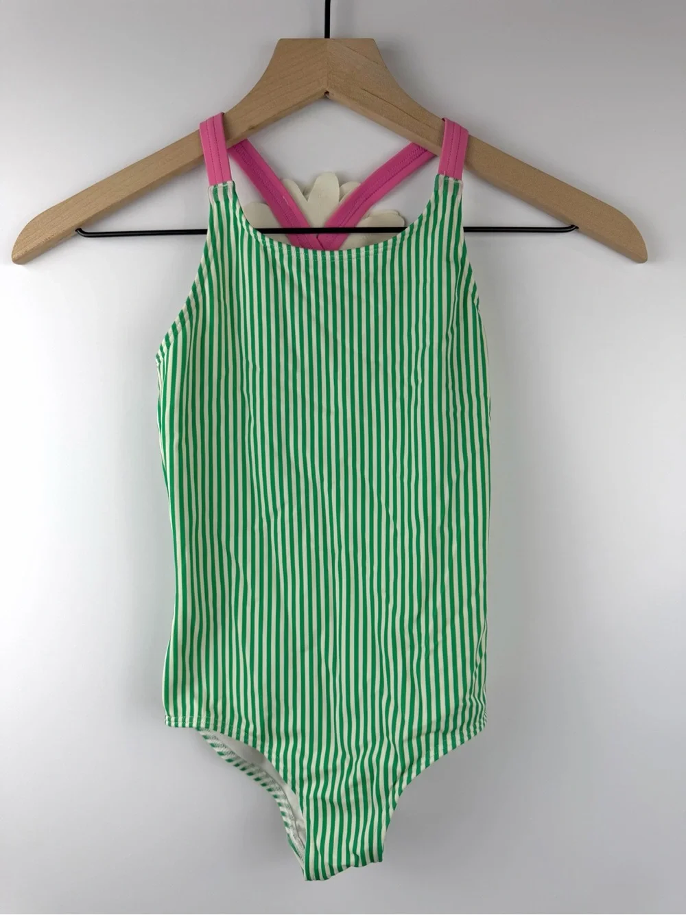 Mini Boden Girls 6-7 Green Striped Daisy Flower Swimsuit